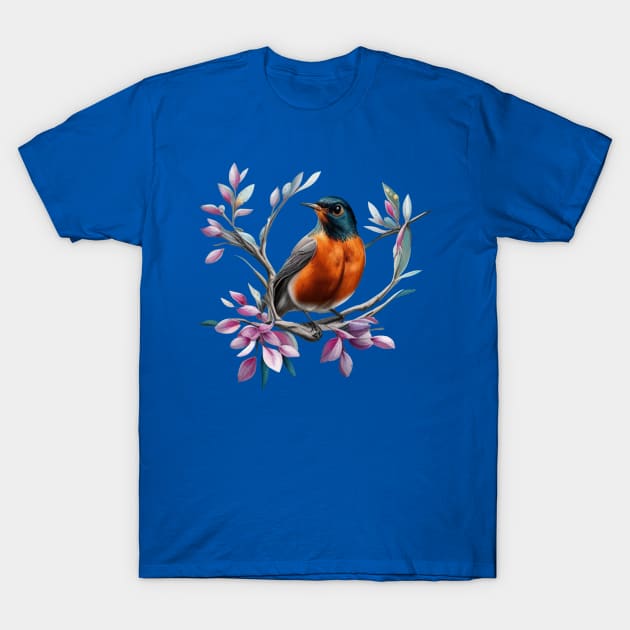 Cartoon Of An American Robin With Connecticut State Flower T-Shirt by taiche